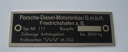 Typenschild für Porsche-Diesel AK 111 Maße 74 mm x 26 mm